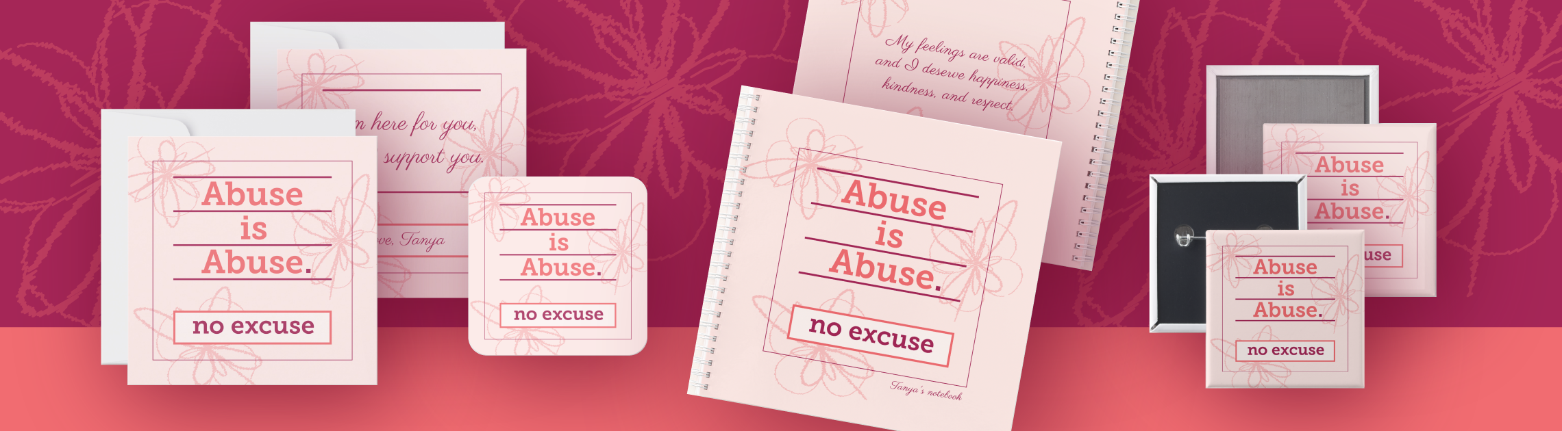 Alcoholic vs. alcohol use disorder. “Abuse is Abuse. No Excuse.” product collection image.
