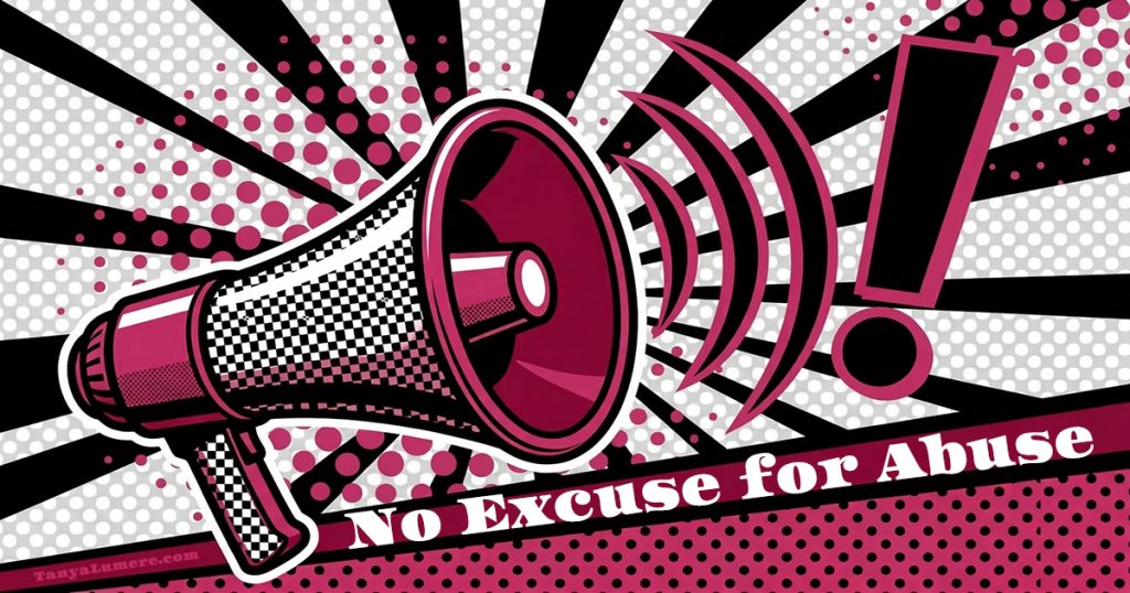 Megaphone projecting sound waves with the text "No Excuse for Abuse," referencing "Alcoholic vs. Alcohol Use Disorder."