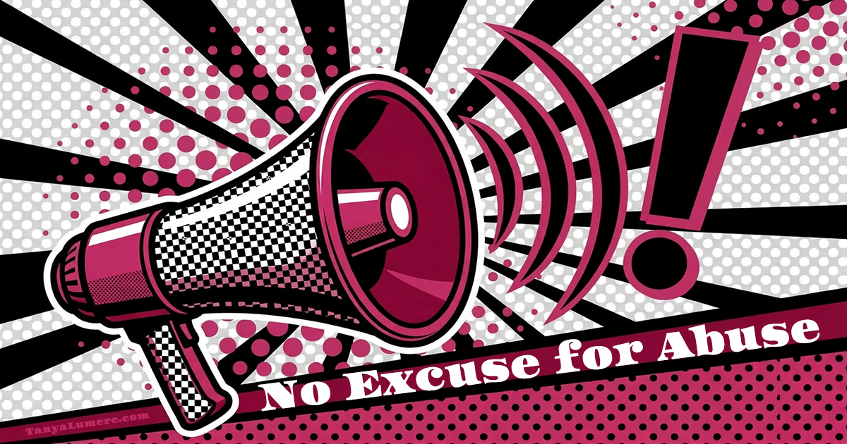 Megaphone projecting sound waves with the text "No Excuse for Abuse," referencing "Alcoholic vs. Alcohol Use Disorder."