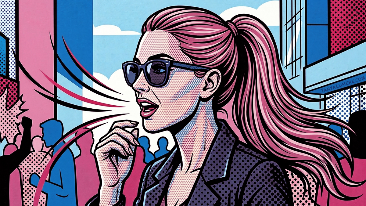 A woman walks through the crowd, about to find her voice.