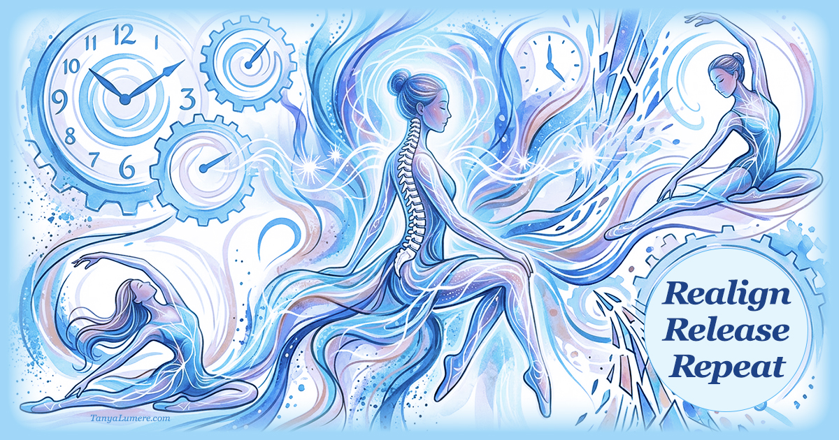 Women stretching, embodying “Realign — Release — Repeat” to support healing from emotional abuse and physical pain.