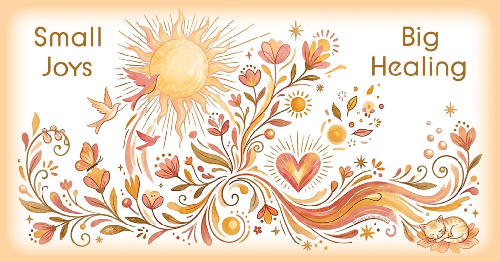 Garden with birds, butterfly, kitten, and the words “Small Joys — Big Healing,” symbolizing healing from emotional abuse.