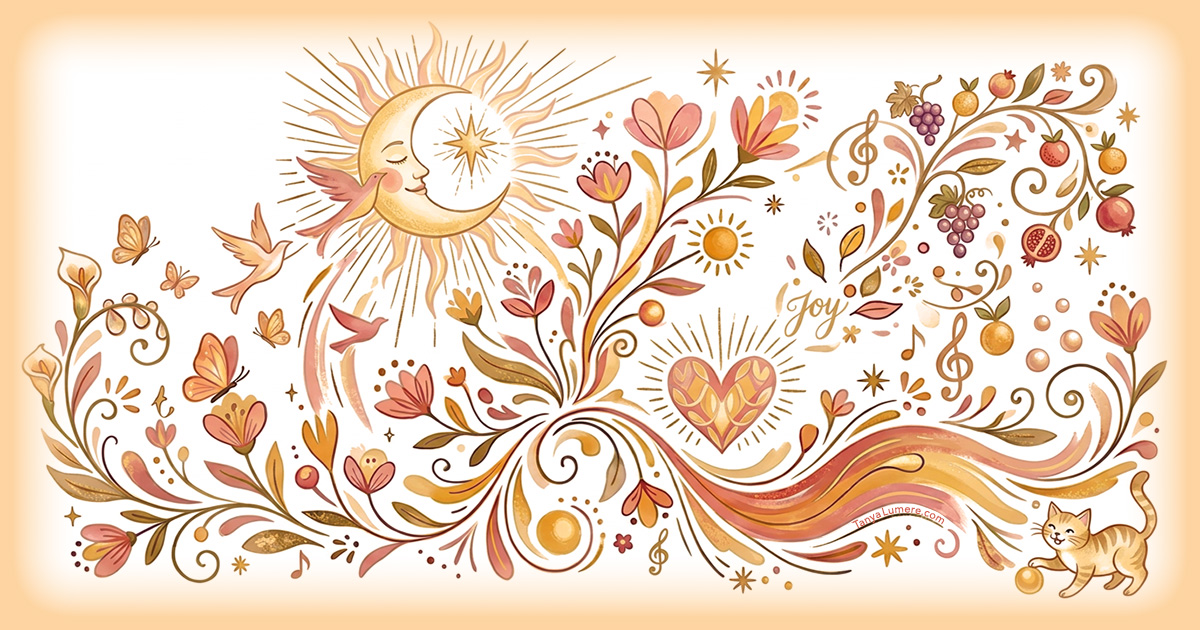 Sunny, joyful garden with birds, a butterfly, fruit, and a playful kitten, symbolizing healing from emotional abuse.