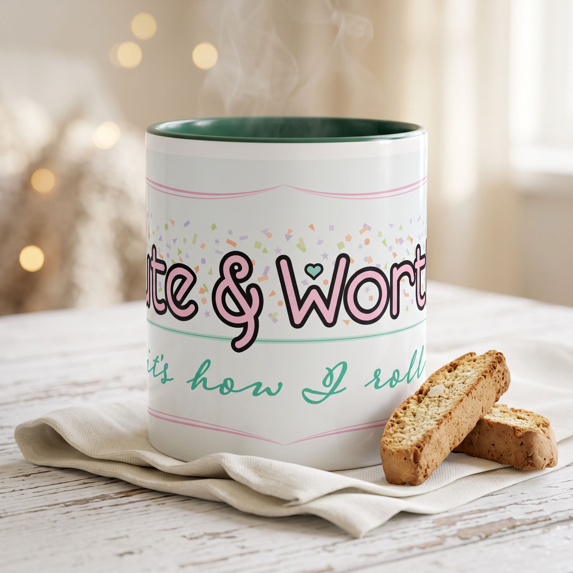 Cute & Worthy Mug Dark Green front Cute & Worthy Mug Dark Green front