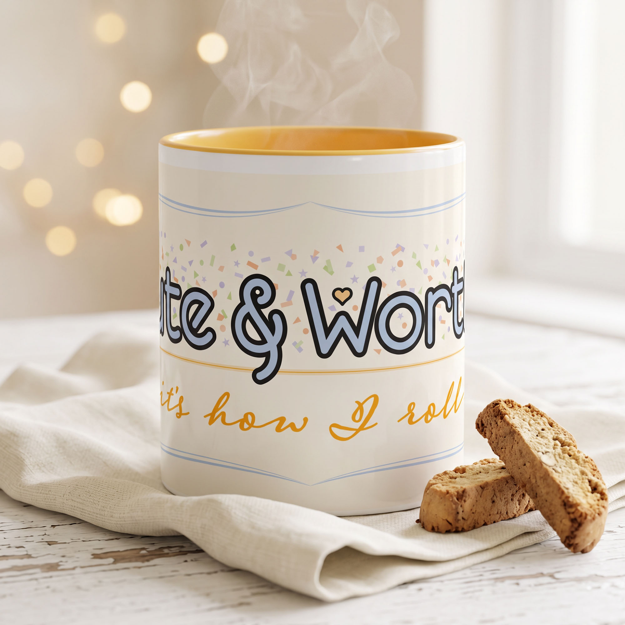 Cute & Worthy Mug Golden Yellow front Cute & Worthy Mug Golden Yellow front