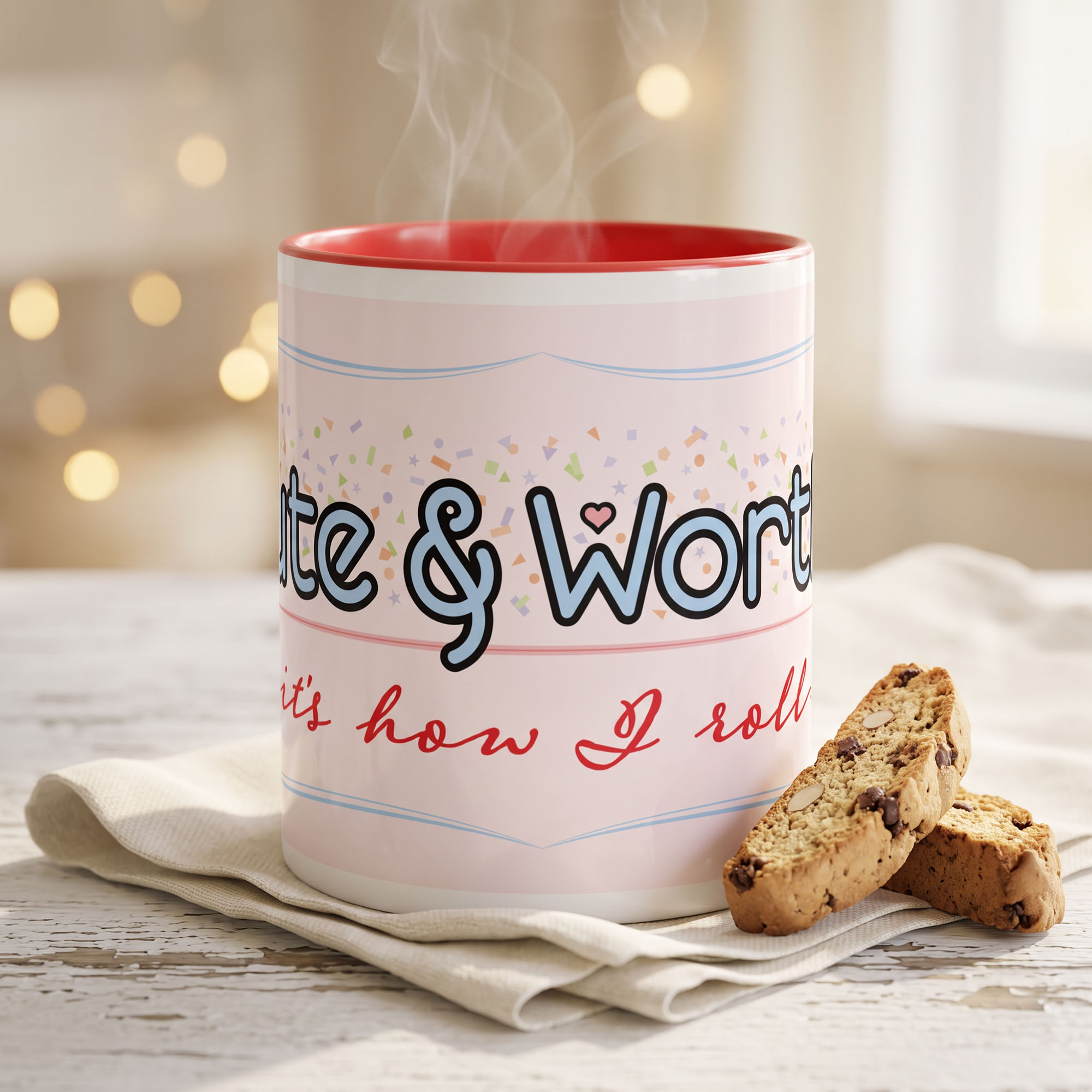Cute & Worthy Mug Red front Cute & Worthy Mug Red front