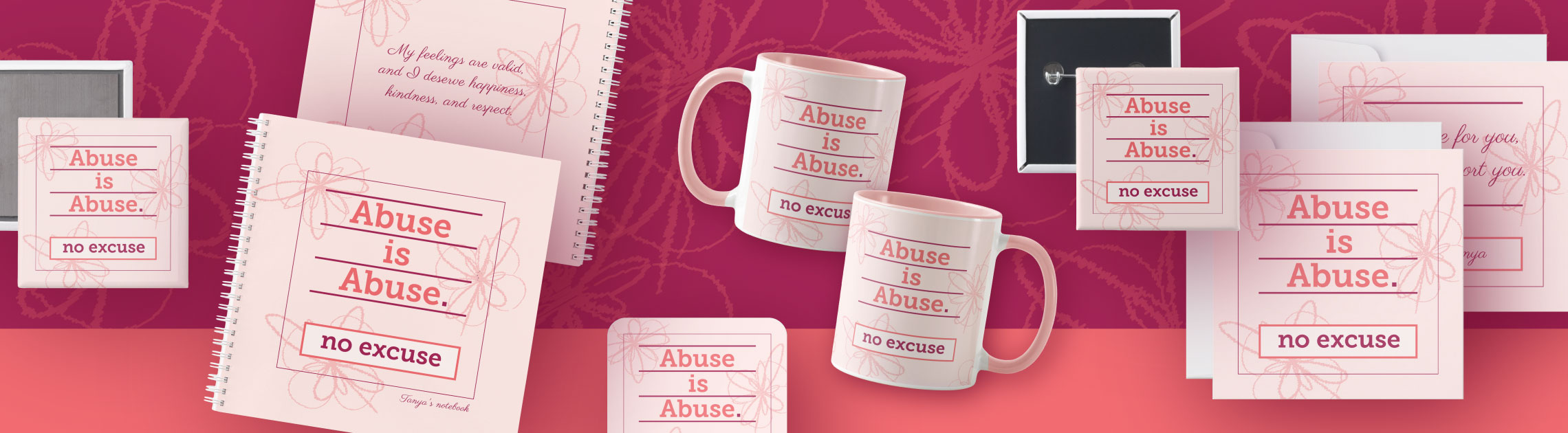 Alcoholic vs. alcohol use disorder. “Abuse is Abuse. No Excuse.” product collection image.